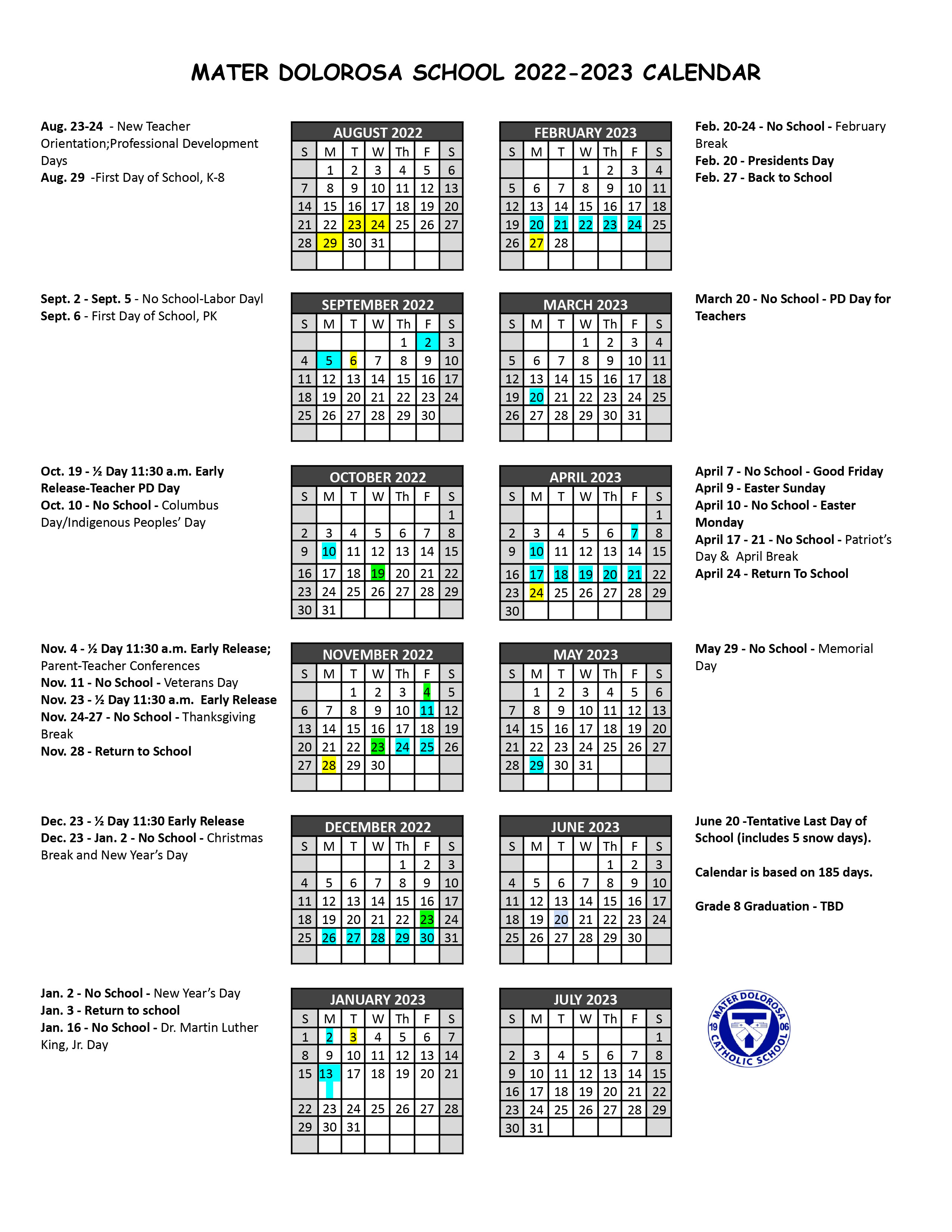 Mater Dolorosa Catholic School Academic Calendar